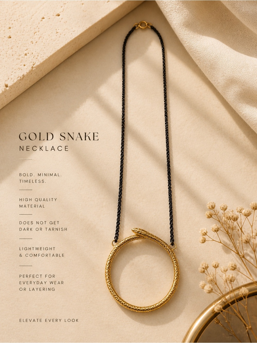 Gold Snake Pendant Necklace Black Chain Minimal Luxury Statement Jewelry - Picture 2 of 5